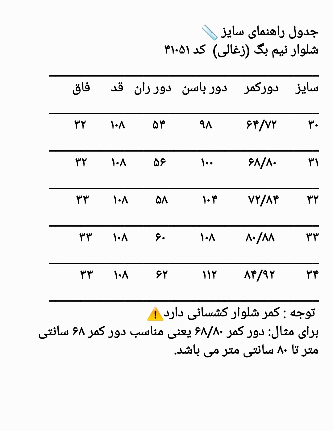 راهنمای انتخاب سایز