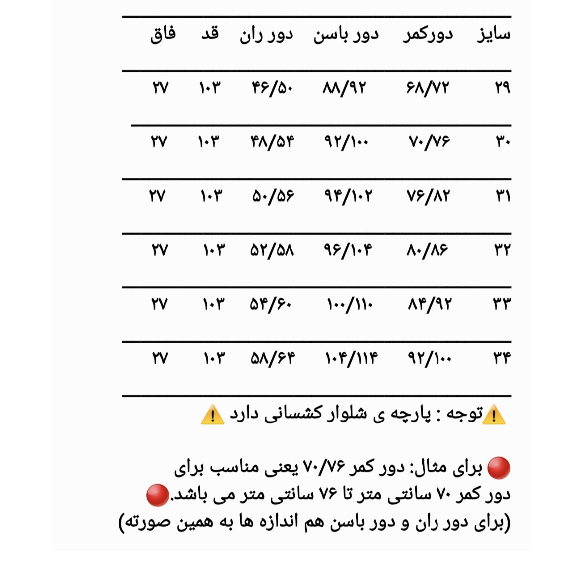 راهنمای انتخاب سایز